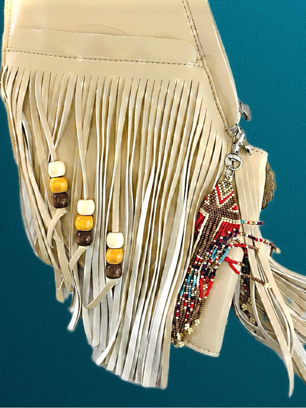 Sash Bag Vegan Leather Tan Fringed Crossbody Bag with Embellishments - Picture 7 of 16